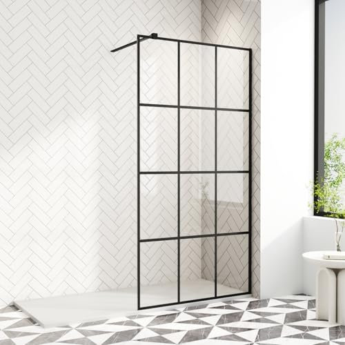 AQUARA Walk in Shower Screen, 900 x 1900mm Shower Enclosure with 8mm Easy Clean Toughened Saftey Glass, Black Grid Wet Room Shower Screens with Support Bar