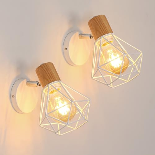 Toolight 2 Stück Wandleuchte Innen Vintage, Wandleuchte 350° Schwenkbar aus Holz, Wandstrahler Industrial Retro Lampe Wandspot E27 Wohnzimmer Schlafzimmer Büro Küche Flur, Max 60W(Ohne Leuchtmittel) | Wandleuchte, Vintage, Käfig aus Metall, Eisen, schwenkbar 350°, für Schlafzimmer und Flur, ohne Leuchtmittel