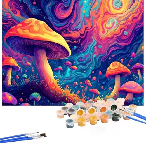 Mushroom Paint by Numbers for Adults 20x24inch,Paint by Numbers Colorful Painting by Number Canvas Kits,DIY Color Oil Painting Acrylic Paints with 3 Paint Brushes for Home Decor,Without Frame Hs-272