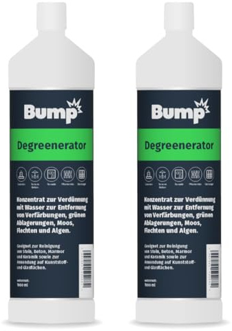 BUMP DEGREENERATOR 2L Konzentrat Grünbelagentferner Fassadenreiniger Steinreiniger Marmorreiniger – Entfernt selbsttätig Grünbelag von Stein Terrasse