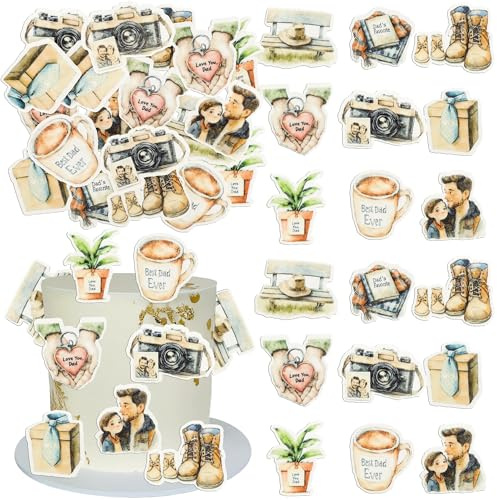 Ephlyn 54Pcs Edible Happy Father's Day Cupcake Toppers Wafer Paper Gift Box Best Dad Ever Cupcake Picks for Fathers Day Theme Birthday Party Cake Decorations Coffee