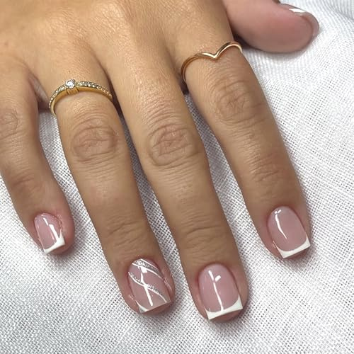 24pcs Square False Nails Short - French Tip Press on Nails - Glitter Lines Fake nails with Glue - Stick on Nails French Manicure - Strong Glue on nails Full Cover Long Lasting for Women Nail Art Home