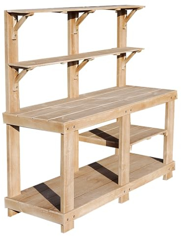 Panca da giardino con ripiano portaoggetti, robusto tavolo da lavoro in legno per giardinaggio, patio e cortile