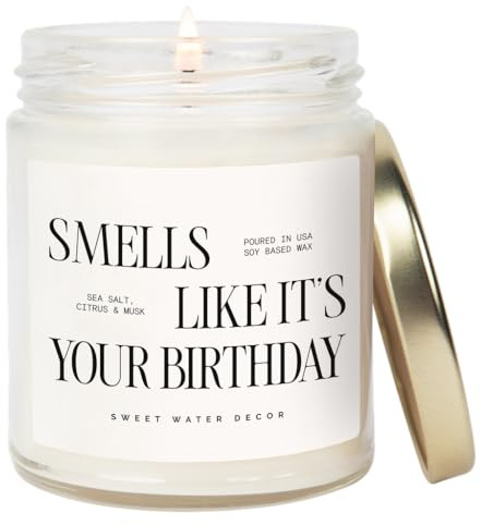 Sweet Water Decor Smells Like It’s Your Birthday Candle 9oz, Soy Non-Toxic Birthday Candle with Gold Lid, Sea Salt Citrus Musk Amber Scent, Fun Birthday Gift for Women, Friends, Mom, Sister, Coworkers