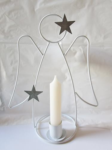 Kerzenhalter Engel Metallengel Farbe wählbar: weiß - schwarz oder rost (gerostet) Deko Weihnachten Teelichthalter 23 cm hoch mit Stabkerze (Weiß)