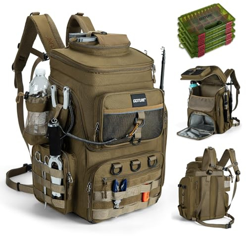 Goture Angelrucksack mit 4 Köderbox Angeln, 55-Liter Angelzubehör-Rucksack mit Zwei Rutenhaltern und Regenschutz, 900D Oxford-Gewebe Wasserabweisende Angelgerätetasche mit verstellbarem Fach