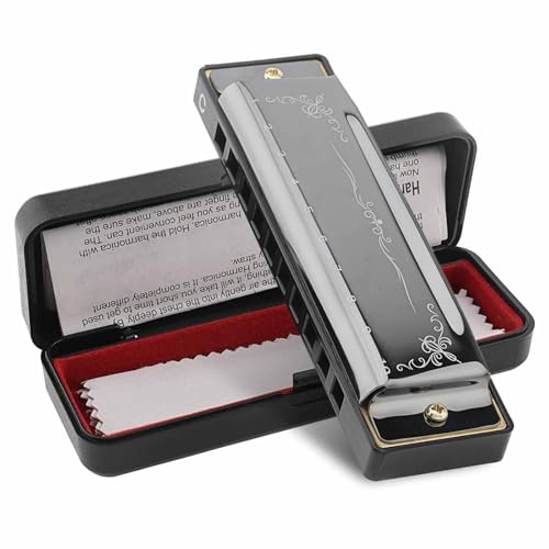 10 Hole C Key Blues Harmonica For Beginners With Brass Reed Plate(Black)