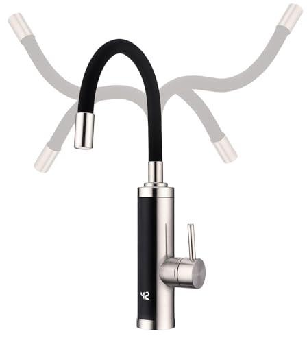 HOMELODY Robinet avec chauffe-eau instantané 230 V, 3300 W - Robinet de cuisine chaud instantané avec bec flexible et écran LED - Robinet de cuisine en acier inoxydable anti-éclaboussures - Bec
