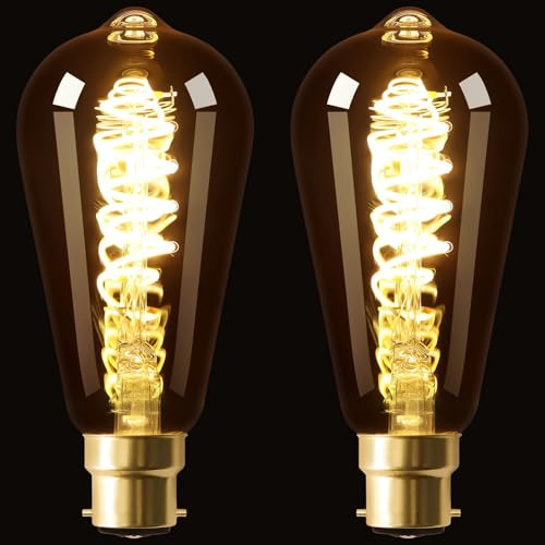 Terafeels 2 Pack B22 Vintage LED Light Bulbs, ST64, 4W, 2700K Warm White, Antique Style Retro Amber Glass,Spiral Filament, Dimmable Bayonet Light Bulb