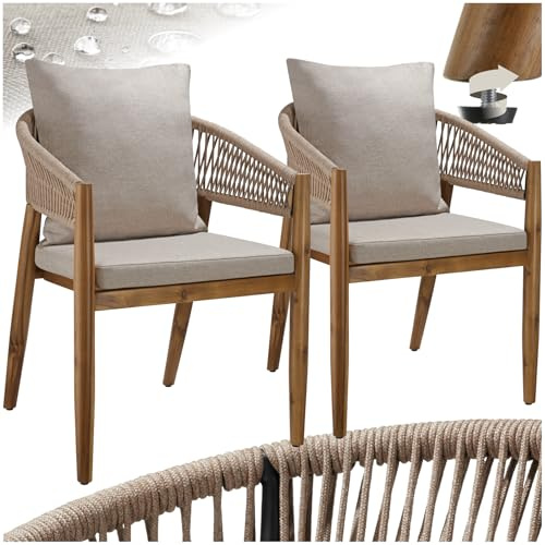 tectake® Set di 2 Sedie da Giardino, Poltrona Design a Corda, Sedia Struttura in Acacia, Cuscini Spessi e Super Morbidi, Rivestimenti Idrorepellenti e Lavabili, Piedini Regolabili in Altezza - Sabbia