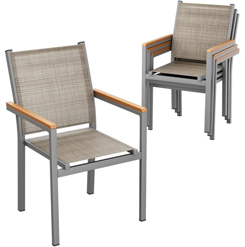 LIFERUN Trädgårdsstol set om 4, aluminium, stapelbar matrumsstol textilen, WPC-ledstång, balkongstol, för terrass, balkong, terrass, pool, restauranger, väderbeständig, linnebrun, 4 st