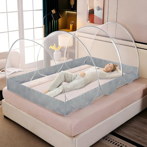 Jonuin Pop up Mosquito Net, 190x90x90cm Foldable Portable Mosquito Net, Adjustable Single Bed Mosquito Pop up Tent with Gray-edged Mesh Bottom, Mesh Mosquito Tent for Home, Camping, Travel, and Dorm