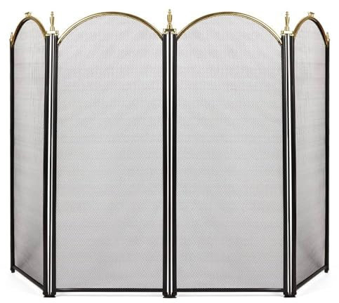 Amagabeli Grande Parascintille per camino Oro 4 Pannelli Ornato Ferro Battuto Nero Metallo Camino Cancello In Piedi Rete Decorativa In Acciaio Solido Schermo per Camino Strumenti Esterni Accessori