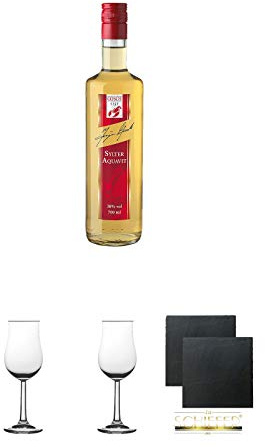 Gosch Sylter Aquavit Spezialität 0,7 Liter + 2 Bugatti Nosing Gläser mit Eichstrich 2cl und 4cl + 2 Schiefer Glasuntersetzer eckig ca. 9,5 cm Ø