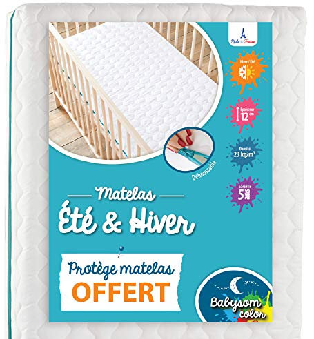 Babysom - Sommer/Winter Babymatratze | Kindermatratze + wasserdicht Matratzenschoner GESCHENKT - 70x140 cm - uftdurchlässig - Bezug abziehbar - Höhe 12cm