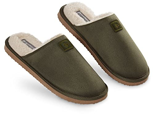 DUNLOP Mens Slippers Open Back, Comfy Memory Foam Men Slippers with Rubber Sole, Indoor Outdoor Anti Slip House Shoes Comfort Plush, Gifts for Men (Khaki, 8 UK, numeric_8)