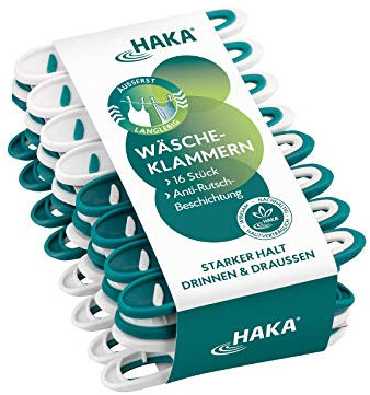 HAKA Wäscheklammern, 16 Stück, stabil & langlebig, ohne Abdruck, Starke Klammern für drinnen & draußen, UV-beständig, wetterfest, extra griffig, für empfindliche Wäsche
