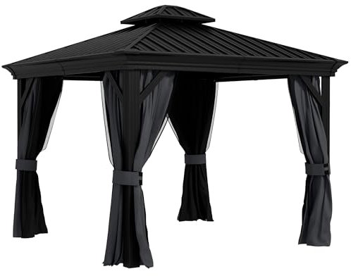 Outsunny 3 x 3.7m Outdoor Hardtop Gazebo Canopy Aluminium Frame with 2-Tier Roof & Mesh Netting Sidewalls for Patio, Dark Grey