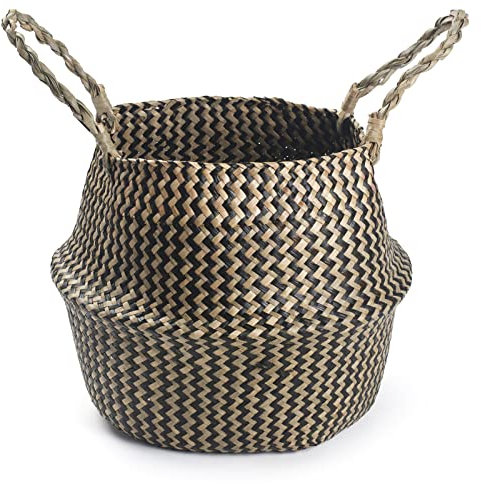 Panier de Plantes Jonc de Mer Cache Pot en Osier Interieur Corbeille de Rangement (Vague Noire)