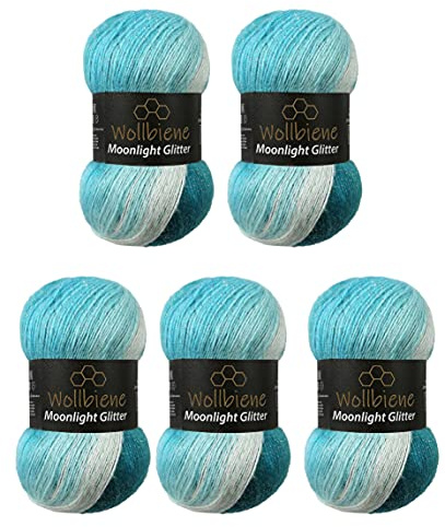 Moonlight Glitter Batik Simli Strickwolle 500g - 5x100g zum Stricken und Häkeln - 20% Wolle, Metallic, Türkisch, Farbverlauf, Glitzer (5200 Petrol Türkis Weiß)