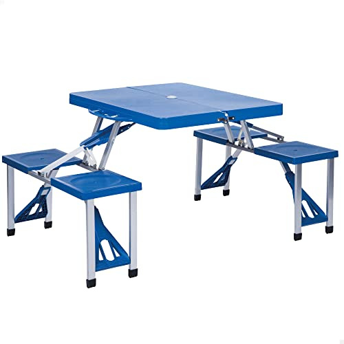 AKTIVE Conjunto de mesas plegable y 4 taburetes, Mesa tipo maletín, Mesa de picnic, 85x64x67 cm, Soporte sombrilla, Estructura aluminio, para 4 personas, peso máx 80 kg, Camping, Azul, 52892
