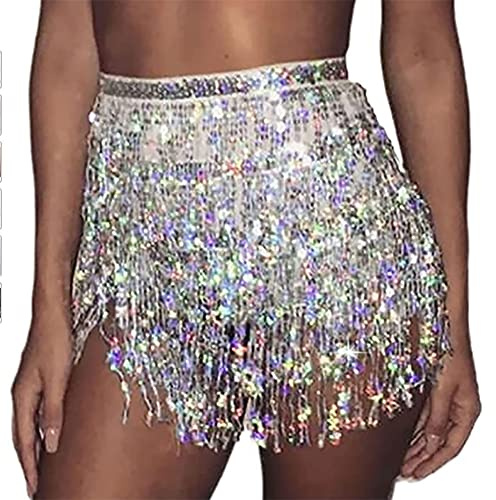Wedity Faldas de Baile del Vientre, Cinturones, Faldas con borlas de Lentejuelas, Bufandas Alrededor de Las Caderas, Trajes de Carnaval para Mujeres (Plata)