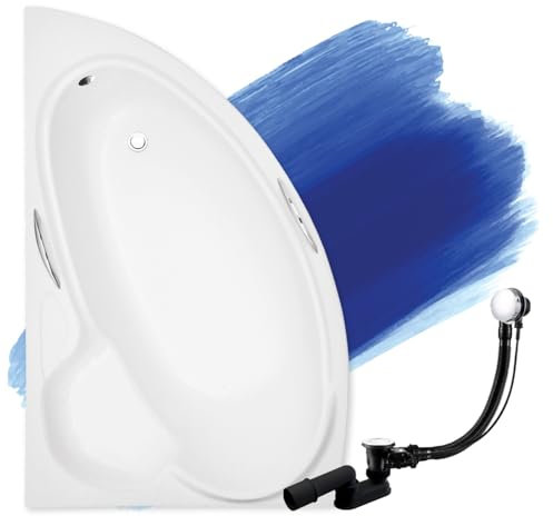 BADLAND Badewanne Original Weiß Acryl Wanne Eckbadewanne BIANKA 150x95 Links KOMPLETTSET SET + Füßen und Exklusive Chrom Automatik Ablaufgarnitur Made in EU 3in1