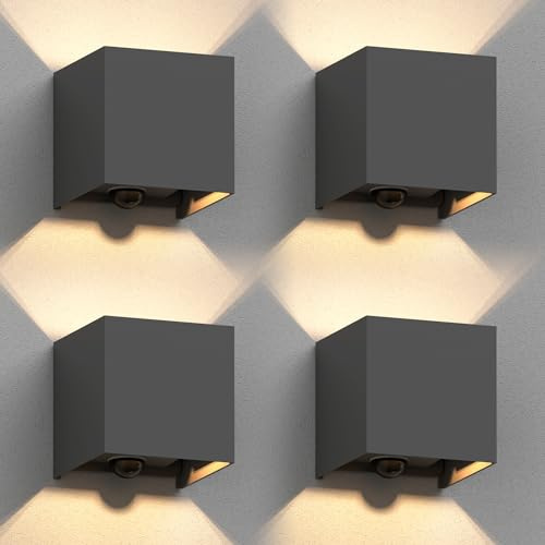 ledscom.de 4x Wandleuchte CUBEL für außen, IP65, Up-/Downlight, Bewegungsmelder, anthrazit matt, quadratisch, 1x G9 max. 10W