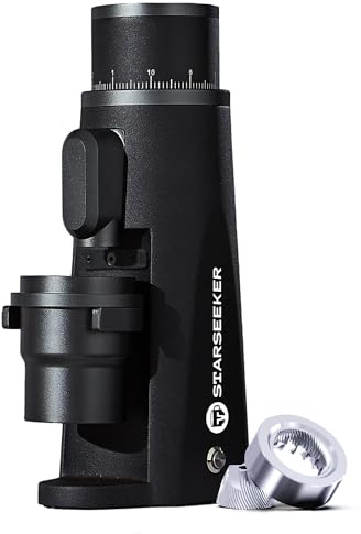 STARSEEKER EDGE - Molinillo eléctrico de aluminio automático de frijoles de café para prensa francesa, café de goteo y expreso, ajuste de finura extraíble, puerto de succión magnético con taza (negro)