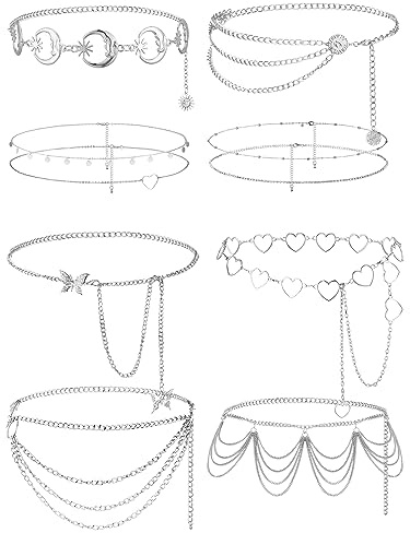 Equsion 10 Pcs Waist Belly Chain Belt for Women Jeans Pants Chain Boho Multilayer Long Summer Skinny Beach Belly Jewelry(Silver)