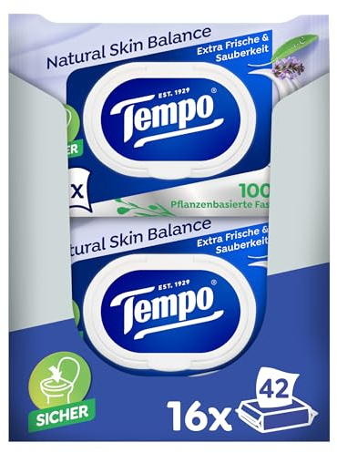 Tempo Toalettpapper, fuktigt, Natural Skin Balance, (16 förpackningar x 42 ark vardera), storpack
