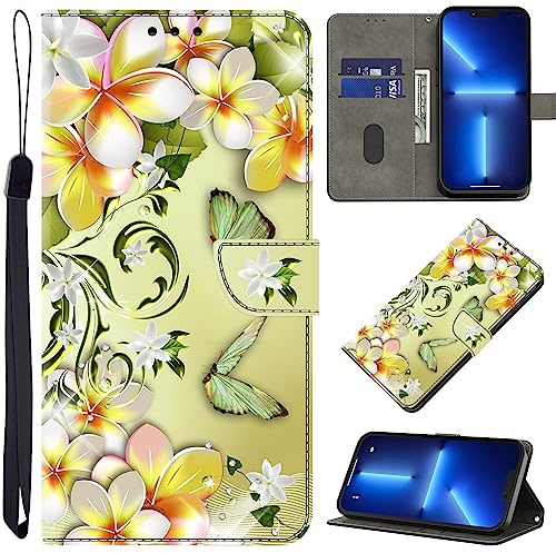 BOLELAW Hülle für Google Pixel 6A mit [Magnetverschluss] [Flip-Funktion] [Kartenfächern] Flip Case Leder Schutzhülle Stylische Klapphülle, Blume & Schmetterlin