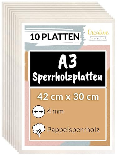 Creative Deco 10 x A3 Sperrholzplatte 4 mm Pappelsperrholz | 420 x 300 (+/- 2) mm | Dünne Holz-Zuschnitte laserfähig | Sperrholz Platte perfekt als Baumaterial