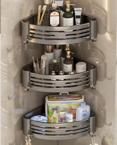 Duschablage Ecke ohne Bohren, 3 Stück Duschregal mit 6 Haken, Duschkörbe, Selbstklebend Eckregal Badezimmer Organizer für Bad Küche Toilette, Badregal Ohne Bohren mit Klebstoff, Aluminium, Grau
