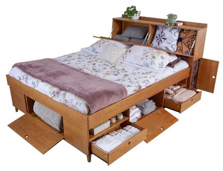Memomad Amalfi Doppelbett 180x200 mit Kopfteil Kiefer Massivholz Vintage Design Stauraum Schubladen Regale Faecher Sicherheit abgerundete Ecken langlebig nachhaltig Schlafzimmer Moebel Funktionsbett