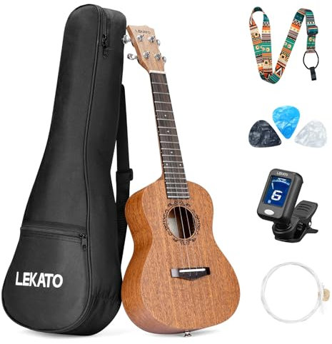 LEKATO Konzert Ukulele Erwachsene Anfänger Set, 23 Zoll Ukulele aus stabilem hochwertigem Mahagoni mit Standard Zubehör Stimmgerät/Gurt/Plektren/Saiten/Gigbag, musikalische Fertigware aus Vollholz