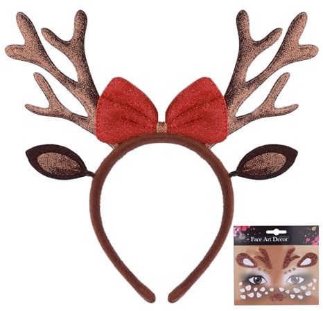 Reh Haarreif Damen Herren, Reh Geweih Haarreif Damen mit Rentier Aufkleber | Cartoon Faschings Haarreifen für Weihnachten Karneval Halloween Mottoparty Cosplay, Erwachsene