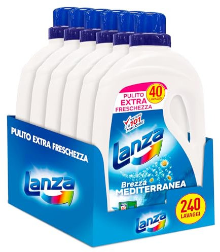 Sole Lanza Detersivo Lavatrice Liquido, Pulito Extra Freschezza, Brezza Mediterranea, 240 Lavaggi, 6 Confezioni da 40 Lavaggi