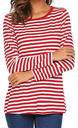 Women Tops Red and White Stripe T-Shirt Crew Neck Long Sleeve Ladies Striped Tee Shirts Casual Loose Fit Tee Tunic Blouse Shirts