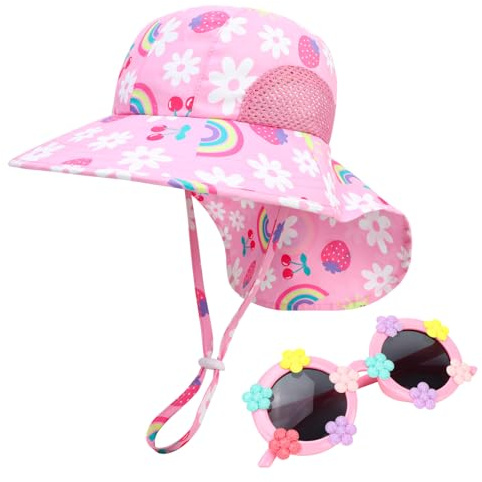 Jupsk Baby Sun Hat and Sunglasses Set Girls Summer Bucket Hat UPF50 Rainbow Unicorn Beach Cap with Adjustable Chin Strap for Kids Toddler Child 1-6 Years