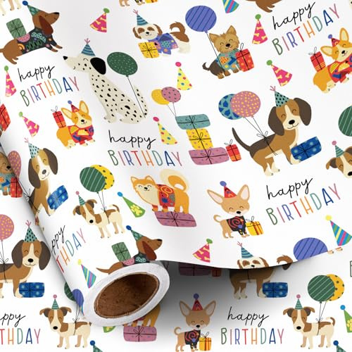 RUSPEPA Hund-födelsedag presentpappersrulle för pojkar och flickor, söt hundkoja, ballong och presentförpackning med Happy Birthday-bokstäver, presentpapper för barn, 43,2 cm x 5 m