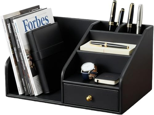 KINGFOM Büro Schreibtisch Organizer mit A4 Stehsammler, PU Leder Schreibtischorganizer Multifunktionale Stifte Organizer Stiftehalter Bürobedarf Zeitschriftensammler (Schwarz)