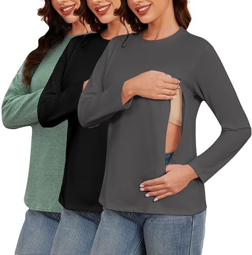 Love2Mi Confezione da 3 T-Shirt Premaman a Maniche Lunghe con Cerniera per l'Allattamento, Magliette per Donne Incinte, M