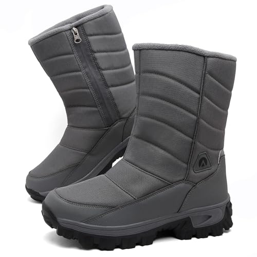 Topwolve Botas de Nieve Hombre Impermeables Botines de Invierno Forro Cálido Antideslizante Botas de Senderismo,Gris,42 EU