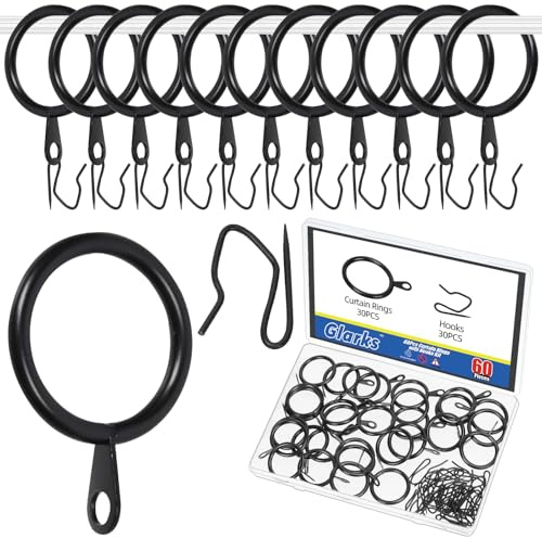 Glarks Set di 30 anelli da appendere per tende da 25 mm, in metallo nero, include 30 anelli per tende e 30 ganci per tende, occhielli scorrevoli per finestre scorrevoli per porte del bagno