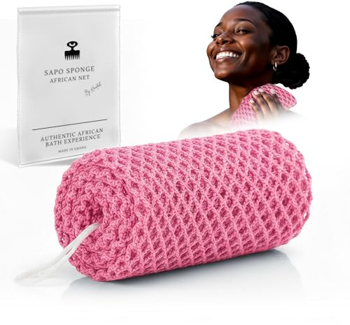Äkta afrikansk nätsvamp från Ghana med upphängningssnöre Lång peelingvamp för kropp och rygg Duschsvamp Perfekt för daglig kroppsvård (Rosa)