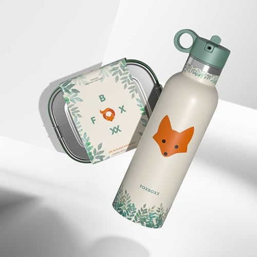 FOXBOXX SCHULE Kinder-Set – ÖKO Lunchbox Edelstahl + FOX Trinkflasche isoliert + Bürste – auslaufsicher, BPA-frei (foxy green 750ml, 800ml)