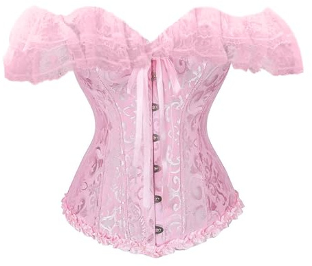 Qianderer Women's Lace Up Boned Overbust Corset Bustier Lingerie Bodyshaper Top Waist Trainer Costume Tops (Bb Pink, S)