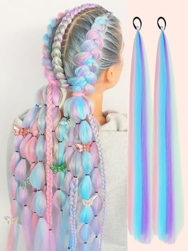 Ombre 4 extensiones de pelo trenzado, mezcla de 4 colores, 2 unidades, color arcoíris, coloridas trenzas para fiestas, reuniones, festivales (rosa, morado, verde, azul, cian claro) (lote de 66 cm)