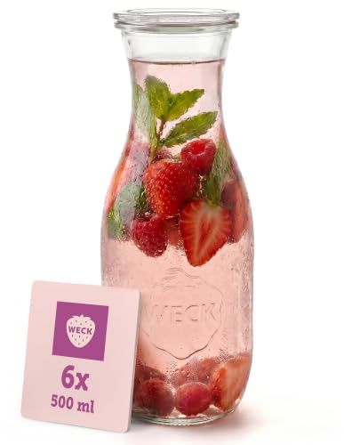 Weck Glaskaraffe 500ml – 6er Set – Trinkflasche aus Glas mit Glasdeckeln zum Befüllen – als Wasserflasche, Glaskaraffe mit Deckel oder zum Einkochen & Verschenken